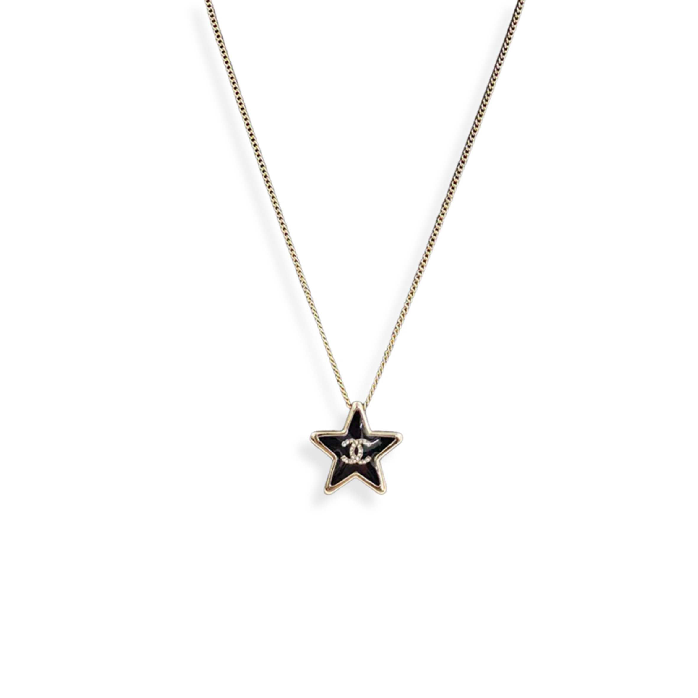 Ch**el double c logo star-shaped black enamel clavicle chain necklace